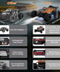 Comparison of two RC cars showing features; "Our" car with orange body and additional features compared to "Other" model. Beast Of An All Terrain Off Road RC Car With 4WD, 2.4 GHz Proportional Remote, 1:20 Scale Fast Electric RC Truck That Hits 38 KMH, Durable Racing Toy For Adults And Teens, Perfect Gift For Christmas Or Birthday.