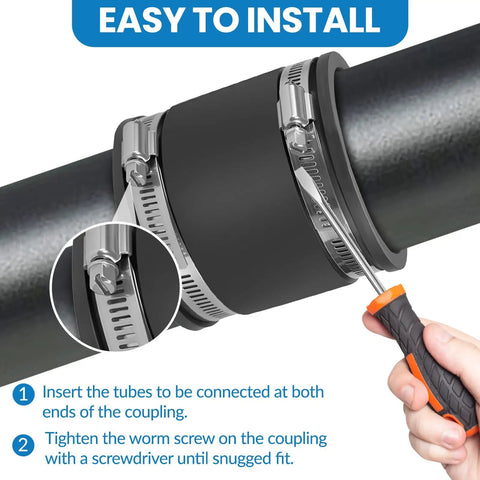 Two Pack 1 Inch Flexible PVC Pipe Coupling With Stainless Steel Clamps installation on plastic piping