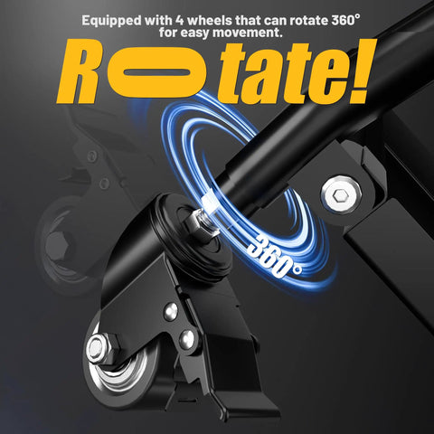 Beefed Up Heavy Duty Dirt Bike Stand With Wheels Universal Detachable Lift Panel Anti Slip Maintenance Stand For Most Dirt Pit Bike Motocross Enduro Off Road Motorbikes Black showcasing 360-degree rotating wheel feature.
