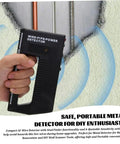 Hand holding Wire Pipe Power Detector, 5.8x3.1 inch portable Plastic Metal Stud Finder scanning wall for wires and pipes.