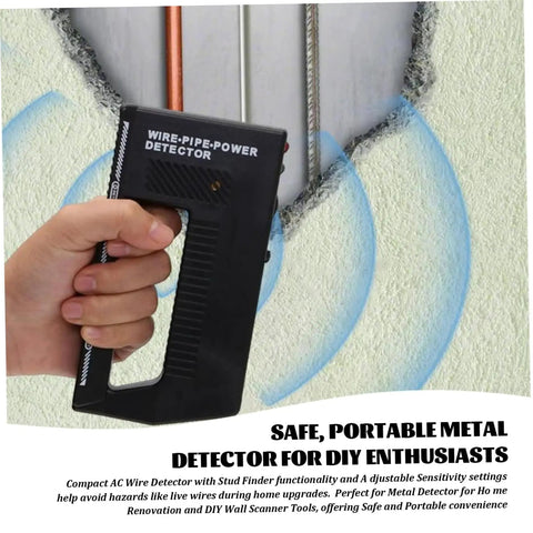 Hand holding Wire Pipe Power Detector, 5.8x3.1 inch portable Plastic Metal Stud Finder scanning wall for wires and pipes.