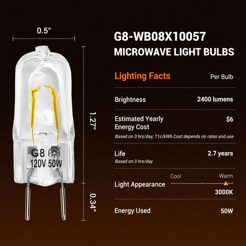 Halogen Microwave Oven Light Bulb 120V 50W For GE Over The Range Hood Easy Swap DIY Friendly Install Dimmable With G8 Bi Pin Base