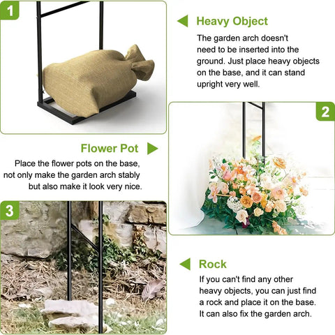 Image showing three ways to stabilize the Sturdy Garden Pergola Arch With No Fuss Base For Climbing Plants Four Point Six Feet Wide And Seven Point Nine Feet Tall Easy Setup Wind Resistant Ideal Bridal Party Backdrop For Weddings And Outdoor Gardens: using a heavy object, flower pot, or rock.