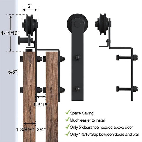Sliding Barn Door Kit For 5 To 13 Feet Heavy Carbon Steel Rail System With Matte Black Finish Single Track For Wardrobe Or Double Wooden Doors Silent Rollers Waterproof And Rust Proof Hardware Included 170cm Track Length side view