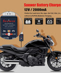 No Fuss Automatic Smart Battery Charger For 12 Volt Cars features 2A precision cycles, shown with a black motorcycle.