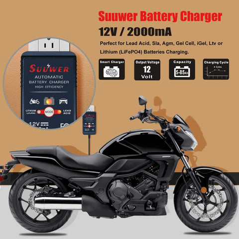 No Fuss Automatic Smart Battery Charger For 12 Volt Cars features 2A precision cycles, shown with a black motorcycle.