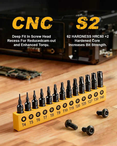 Torx Star Punch And Security Bit Set, 13-Piece, S2 Steel Tamper-Proof Bits with stand on wooden table, T4-TT40.