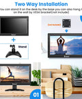Dope 12 Inch HDMI Monitor With 1366x768 LCD for home kitchen security setup; desk and wall installation options shown