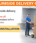 Curbside delivery only with man using a hand truck for large cardboard boxes, no inside delivery or installation included.