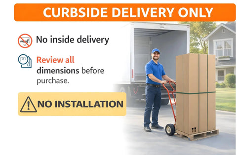 Curbside delivery only with man using a hand truck for large cardboard boxes, no inside delivery or installation included.