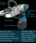 Close-up of Heavy Duty Brushless Cordless Rebar Threading Machine With Super High Torque Motor showing features like serrated clamp and removable battery.