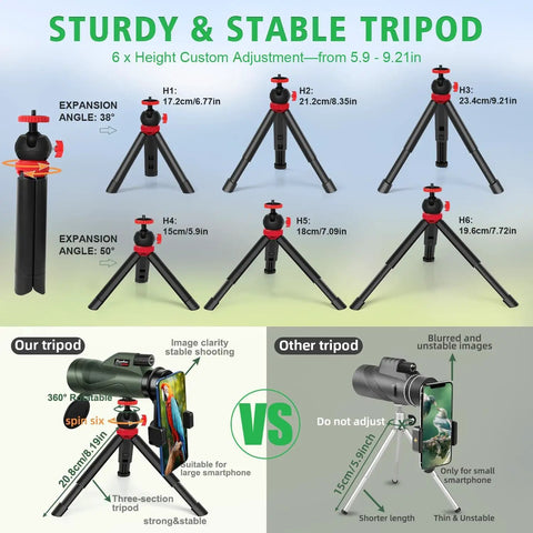 Comparison of sturdy tripod for 12x60 HD Monocular Telescope With Smartphone Adapter, adjustable angles and height settings shown.