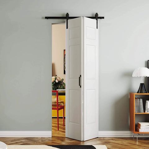 Image of Go-To Space Saver Bifold Barn Door Kit 30 Inch Wide, 6-Panel Sliding Door With Hardware, Pre-Drilled MDF White Slab installed in a room.