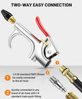 Diagram of Four Piece Air Blow Gun Kit With Two Way Connection One Quarter Inch Quick Fitting And Rubber Tip Built Tough Chrome Plated Zinc Alloy Body