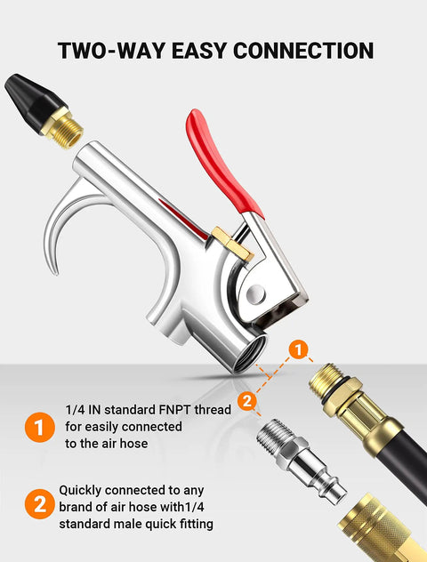 Diagram of Four Piece Air Blow Gun Kit With Two Way Connection One Quarter Inch Quick Fitting And Rubber Tip Built Tough Chrome Plated Zinc Alloy Body