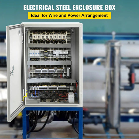 Rugged Outdoor Electrical Enclosure Box 16x12x6 Inches Carbon Steel With Hinged Cover IP66 Waterproof and Dustproof Junction Box Includes Mounting Plate for Weatherproof Industrial and DIY Projects, open with wiring