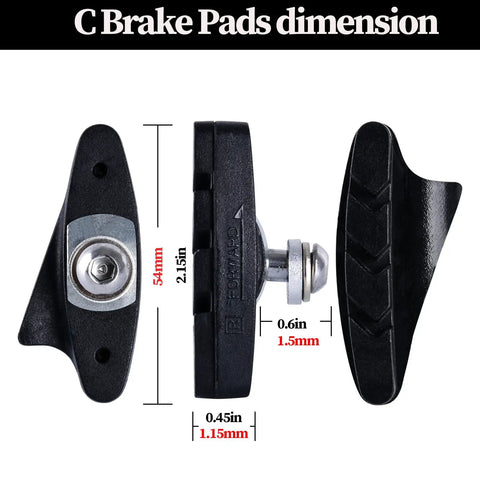 Road Bike Brake Pads For Dual Pivot C Brake Shoes dimensions showing length, width, and thickness with water dispersing grooves.