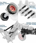 Detail of Badass One Twenty Four Scale Rc Crawler With Portal Axles And Two Speed Transmission features, showing tires and suspension.