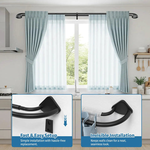 Black Double Curtain Rod With Wraparound Design Extends From 38 To 62 Inches Blackout Window Rod For Bedrooms Room Darkening