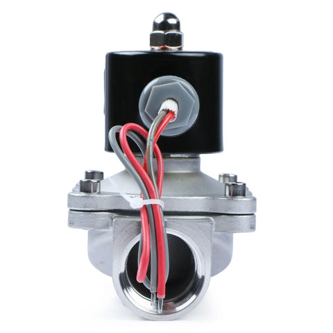 Front view of 1 Inch 24V AC Stainless Steel Electric Solenoid Valve Normally Closed For Air Water Fuel With Viton Seals, wires connected
