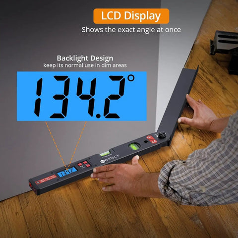 Aluminum Digital Angle Finder With Laser For Pro Grade Precise Marking And Layout 225 Degree Angle Ruler With Class 2 Laser Under One Milliwatt Visible Line Up To Three Meters For Walls Floors And Workpieces, LCD at 134.2°