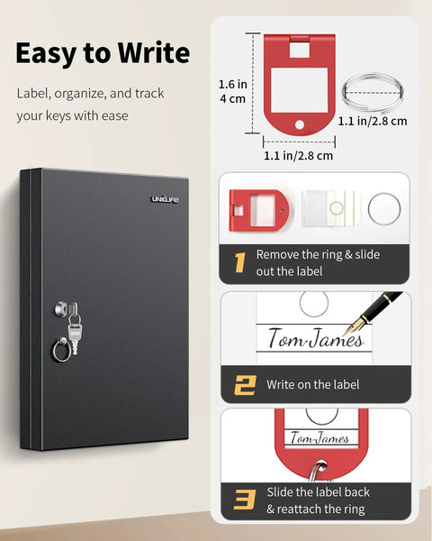Easy to write instructions for Heavy Duty 32 Position Wall Mount Key Lock Box with label, keys, and matte black cabinet.