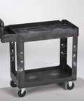 Top Tier Heavy Duty Two Shelf Utility Cart With Durable Structural Foam Lipped Trays visible from the side on wheels