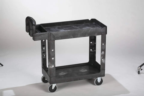 Top Tier Heavy Duty Two Shelf Utility Cart With Durable Structural Foam Lipped Trays visible from the side on wheels