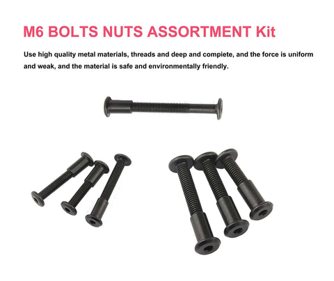 114 Piece Black M6 Allen Bolts Kit With Flat Head Socket Cap Screws And Cap Nuts For Furniture Chairs Beds And Cribs 15Mm To 80Mm Range Includes Hex Key And Bit For Easy DIY Assembly, shown with assorted black bolts and nuts.