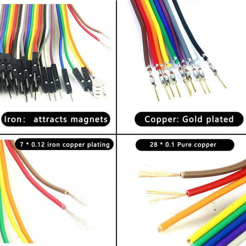 Colorful Breadboard Jumper Wires Kit With 30 Pieces, detailed copper and iron plating, showing 23 AWG copper wires for Arduino projects.