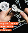 Person using wrench with nut from Premium Galvanized Bolts Nuts And Washer Set 120 Piece Kit For DIY Home Repair With 40 Bolts 40 Nuts