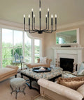 Black Farmhouse Chandelier For Dining Room Over Table Nine Light Industrial Metal Candle Lighting Fixture in living room setting