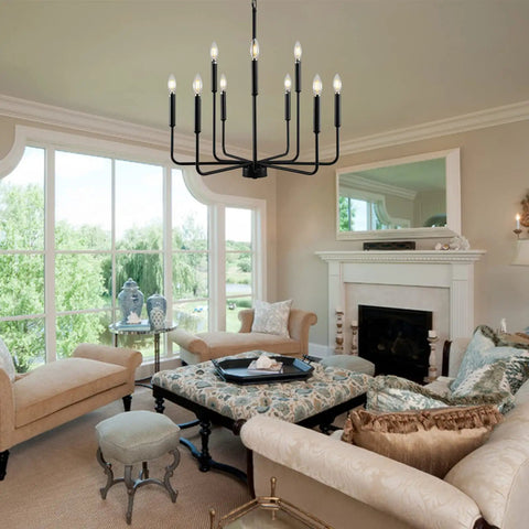 Black Farmhouse Chandelier For Dining Room Over Table Nine Light Industrial Metal Candle Lighting Fixture in living room setting