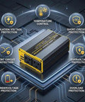 Road Trip Ready 300 Watt Car Power Inverter With Dual AC Outlets And Fast USB Ports Highway Cruising DC To AC Converter Tailgate Loaded For Weekend Getaways with safety features shown.