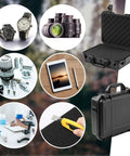 Open black waterproof hard case with DIY foam insert and knife, surrounded by watches, lenses, tools, and electronics.