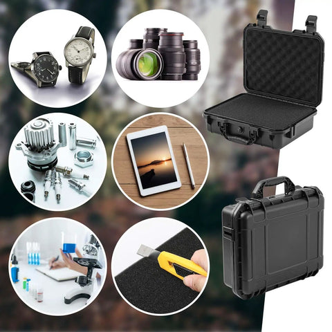 Open black waterproof hard case with DIY foam insert and knife, surrounded by watches, lenses, tools, and electronics.