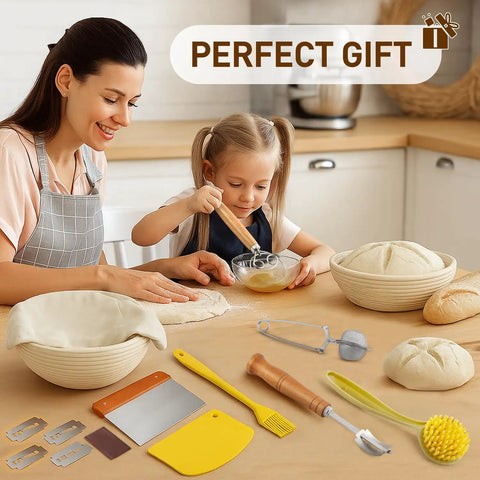 9 Inch Round Sourdough Bread Proofing Basket And Complete Starter Kit With Dough Whisk, Bread Lame, Scrapers, Brush, Flour Duster