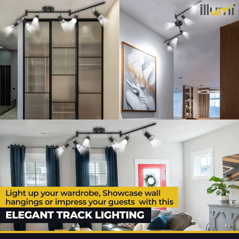 Flexible Ceiling Track Lighting Kit With Six Spot Lights And Seven LED GU10 Bulbs Included shown in living room and hallway.