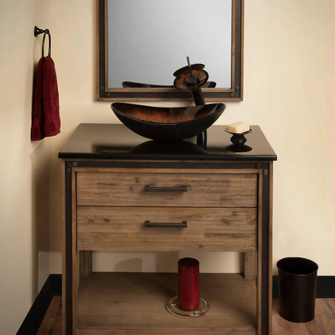 Rena Glass Vessel Bathroom Sink Oval Slipper Hand Painted Black And Copper Tones Dope Sleek Look Tempered Glass Above Counter Installation