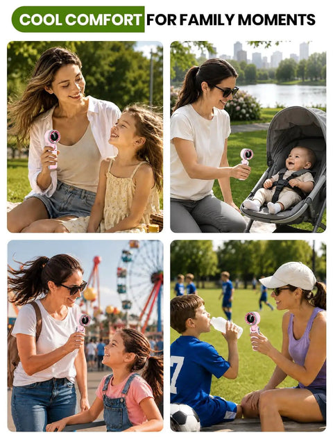 Rechargeable Handheld USB Fan With 5 Speeds in pink used by families outdoors for personal cooling on the go