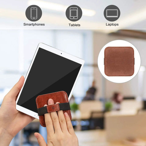 Hand using 4 Pack Screen Cleaning Pad With Elastic Strap Soft Microfiber Wipes For iPad iPhone MacBook Tablets And Laptops Clean Smudges Fast And Easy With A Premium Vegan Leather Back No Mess Cleanup on tablet screen.