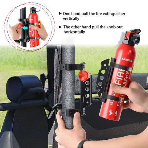 Adjustable Roll Bar Fire Extinguisher Mount For 1.75 To 2 Inch Cages, Rugged UTV ATV Bracket With Quick Release in use on ATV roll cage