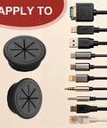 Heavy Duty 2 Inch Desk Grommet Kit With Eight Black Hole Covers And Cobalt Hole Saw To Ditch Tangled Cords And Keep Your Home Office Workspace Looking Slick And Super Organized, featuring black cable plugs next to various connectors.