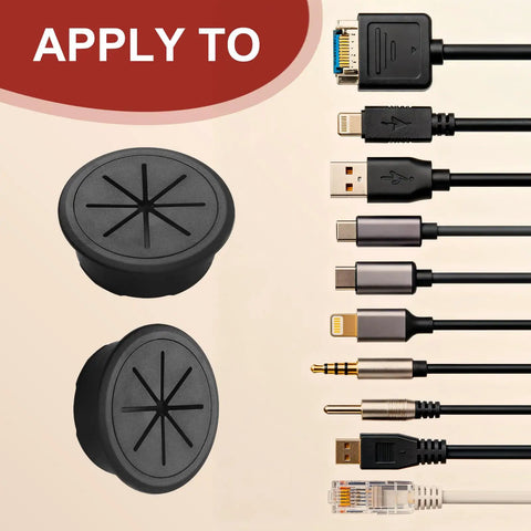 Heavy Duty 2 Inch Desk Grommet Kit With Eight Black Hole Covers And Cobalt Hole Saw To Ditch Tangled Cords And Keep Your Home Office Workspace Looking Slick And Super Organized, featuring black cable plugs next to various connectors.