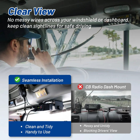 Driver using heavy duty 3 pin CB radio power cable with 16 AWG wire directly connected to battery for clear dashboard view.