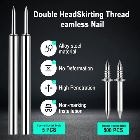 500 Piece Double Head Skirting Nails Kit With Sleeve Tool, showing alloy steel nails and sleeve tools for installation.