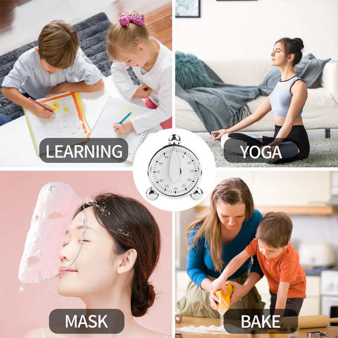 Collage showing 60 Minute Mechanical Kitchen Timer with Loud Alarm in various settings: learning, yoga, mask application, and baking.