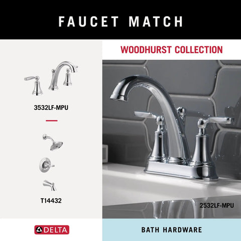 Woodhurst Collection bathroom faucet set with polished chrome finish, shown mounted on a tiled backsplash
