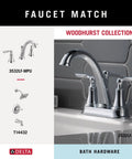 Delta Woodhurst Collection faucet set with chrome finish, shown installed on ceramic sink with tiled backsplash