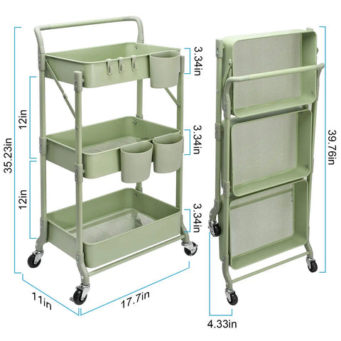 Go To Space Saving Foldable 3 Tier Rolling Cart With Wheels, Heavy Duty Metal Utility Trolley Organizer For Home Library Or Office, Portable Folding Storage On Wheels, Multi Function Cart In Green